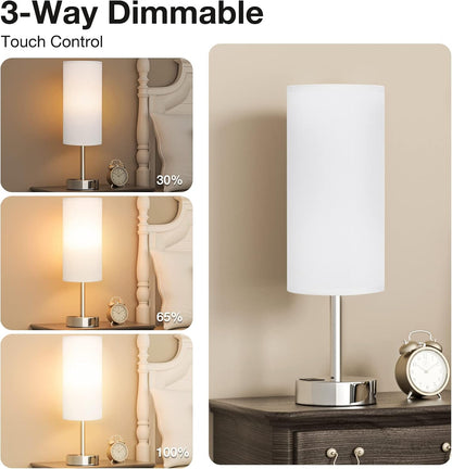 Dicoool Touch Table Lamp for Bedroom, 3 Way Dimmable Bedside Lamp with USB C & A Charging Ports - Small Desk Lamp for Dorm Room, College, Kids, Office, Living Room, White