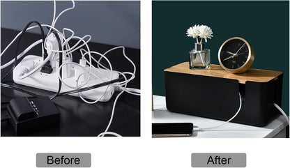 Changsuo Small Cable Management Box with Bamboo Lid for Extension Cord Power Stripe Surge Protector Wire Concealer Organizer Cover Hider (White)
