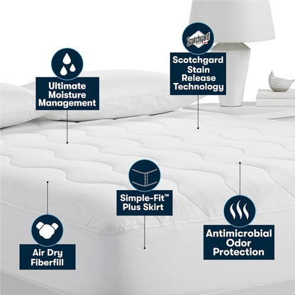 Serta Air Dry Extra Comfort Plus 100% Cotton Fabric Quilted Mattress Pad, Cooling and Breathable Mattress Cover, Moisture Wicking Protection with 18" Deep Pocket, Queen, White