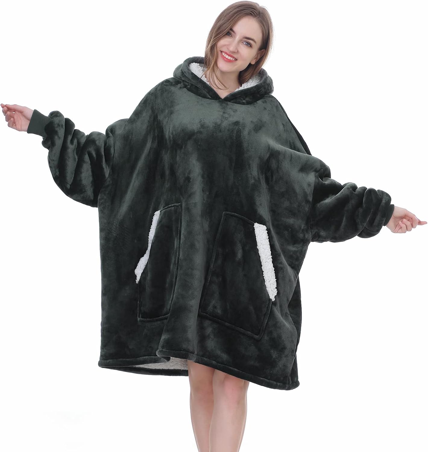 Kipswiza Wearable Blanket Hoodie Gifts for Women and Men, Oversized Cozy Warm Flannel Sherpa Hooded Blankets Sweatshirt with Giant Pockets for Adult and Teens, Dark Gray
