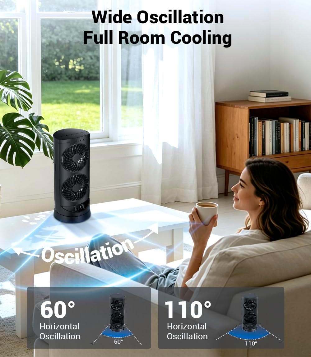 KopBeau Tower Fan for Bedroom, Portable Desk Table Fan with Remote,4 Speeds,12H Timer,60° & 110° Oscillating Electric Fans that Blow Cold Air,Fast Cooling Fan for Home Office Dorm
