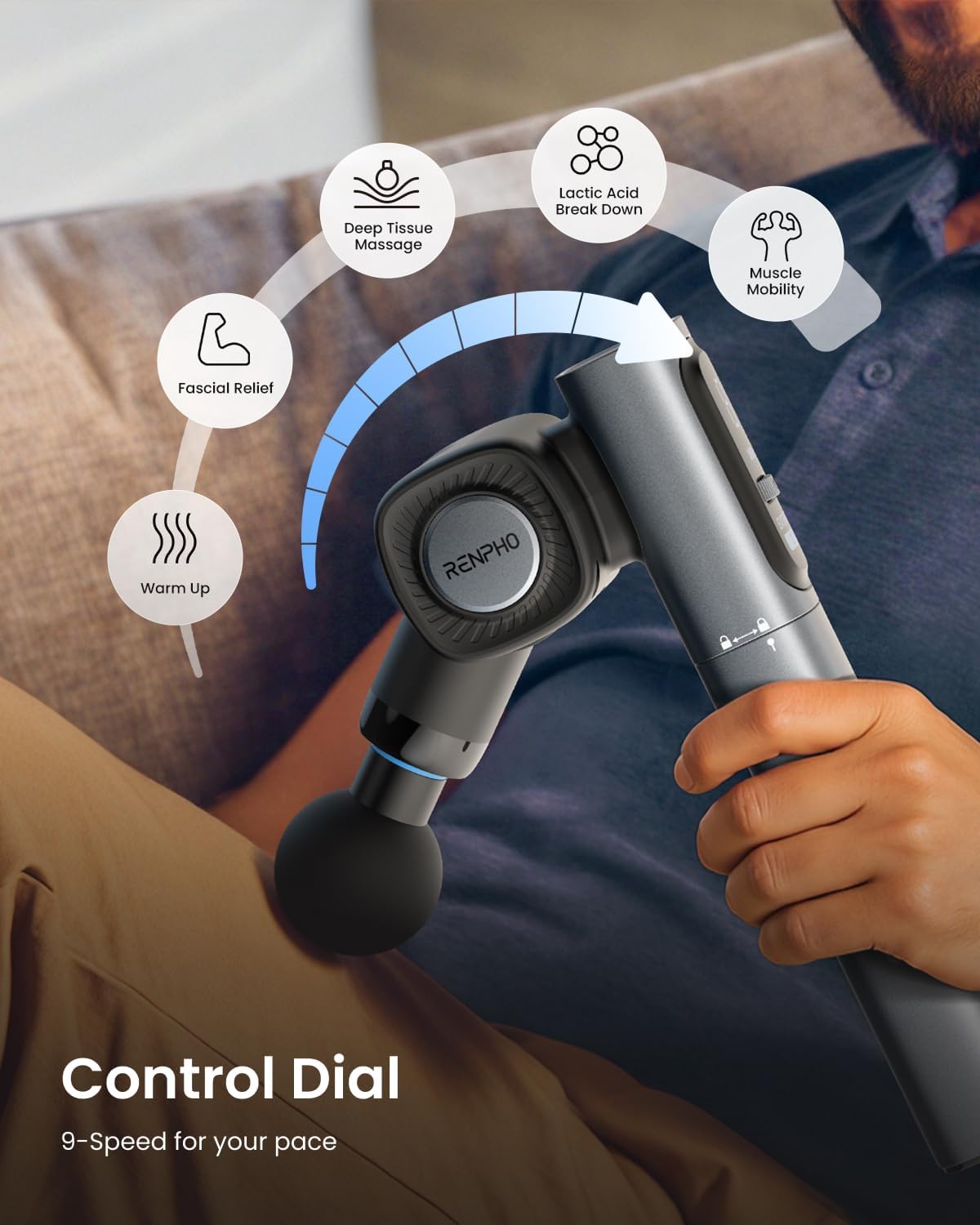 RENPHO Foldable Massage Gun with Extension Handle for Back, 0-90° Adjustable Angle, FSA Eligible, Handheld Percussion Deep Tissue Massager with 9mm Amplitude for Pain Relief HSA, Gifts for Men Women