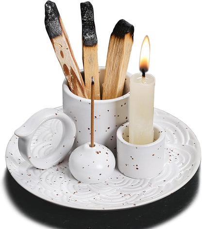 4 in 1 Ceramic Incense Burner Holder with Handle for Burning Sage, Palo Santo Stick, Joss Sticks, Candle in Your New House, Office, Yoga, Meditation Room (Speckled Blue)