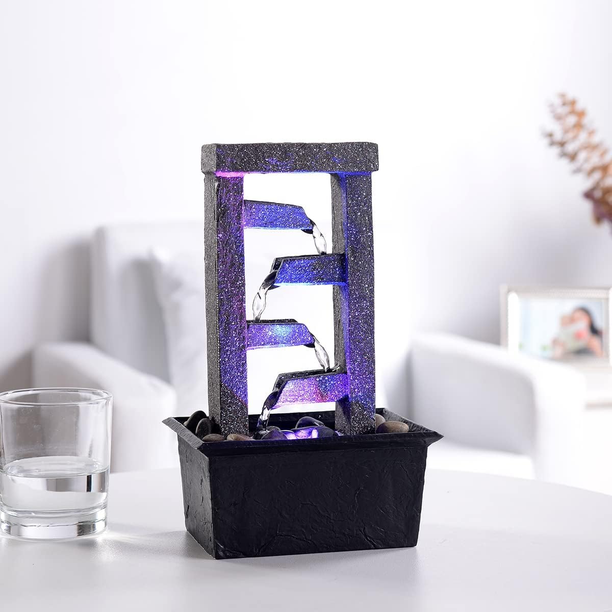 GOSSI Indoor Water Fountain Stump Rain Drop Meditation Desk Fountain Artistic Relaxation Waterfall for Home and Office Decor (22013)