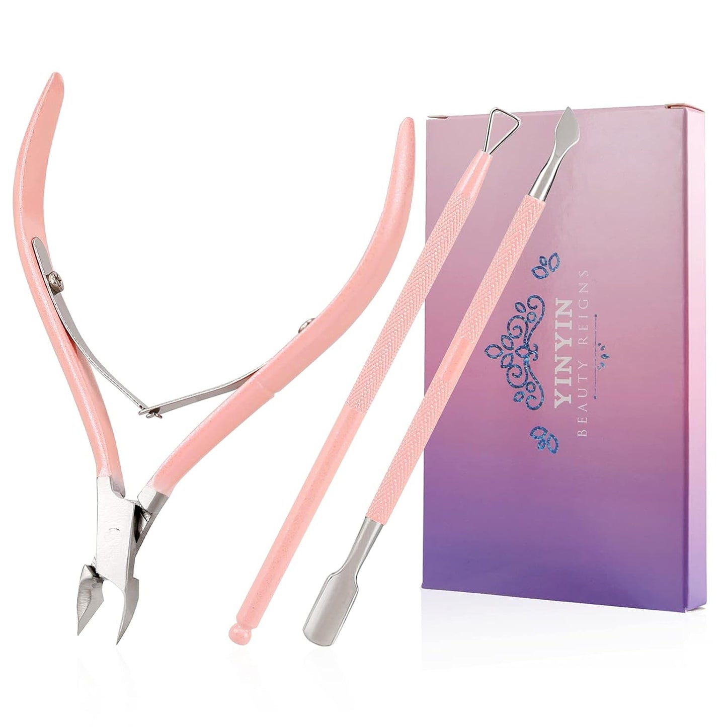 YINYIN Cuticle Trimmer with Cuticle Pusher and Cutter, Professional Stainless Steel Nippers, Cutter Clippers, Cuticle Remover, Pedicure Manicure Tools for Fingernails and Toenails, Sliver