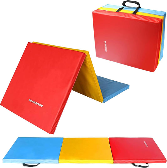 BalanceFrom 6x2 Feet 3-Panel Folding Gymnastics Mat – 2-Inch Thick Pad with Vinyl Surface and Carrying Handles for Tumbling, Yoga, Pilates, Home Workouts, and Martial Arts