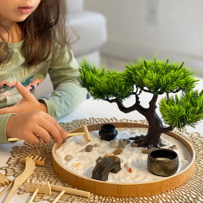 Timani Japanese Zen Garden for Desk - Zen Garden Sand Kit, Artificial Bonsai Tree, Rakes & Accessories - Japanese Decor Office Home Desktop Relaxation Sandbox Decor. 9.5" Inches Wooden Round Tray