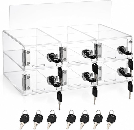 YOUNTHYE 6 Slot Cell Phone Locker, Clear Acrylic Phone Lock Box with Individual Keys, Wall Mounted Phone Storage Cabinet for Classroom, Office, Employees, Meetings and Small Teams