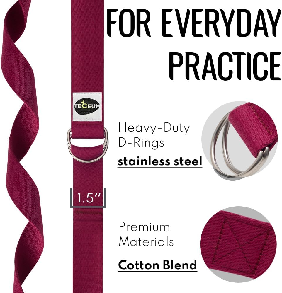 TECEUM 2 IN 1 Yoga & Mat Strap for Stretching – Cotton – 6/8/10 ft | Adjustable Non-Slip Belt in 30+ Colors for Yoga, Pilates, Physical Therapy, Fitness, Home Workouts and Carrying Mats