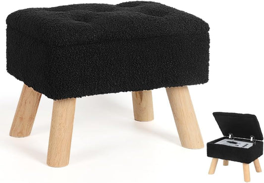 OGEMXU Storage Ottoman, Small Foot Stool Ottoman with Storage, Boucle Teddy Velvet Foot Rest with Padded Seat, Sturdy Wood Legs Stool for Living Room, Bedroom, Couch, Enterway (Cream)