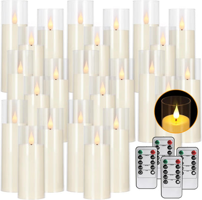 24 Pcs LED Flameless Candles with Remote, 3D Flickering Flame & LED String Lights, Acrylic Clear Cylinder, Timer Function, Romantic Ambience for Home Decor, Party, Wedding (Ivory).