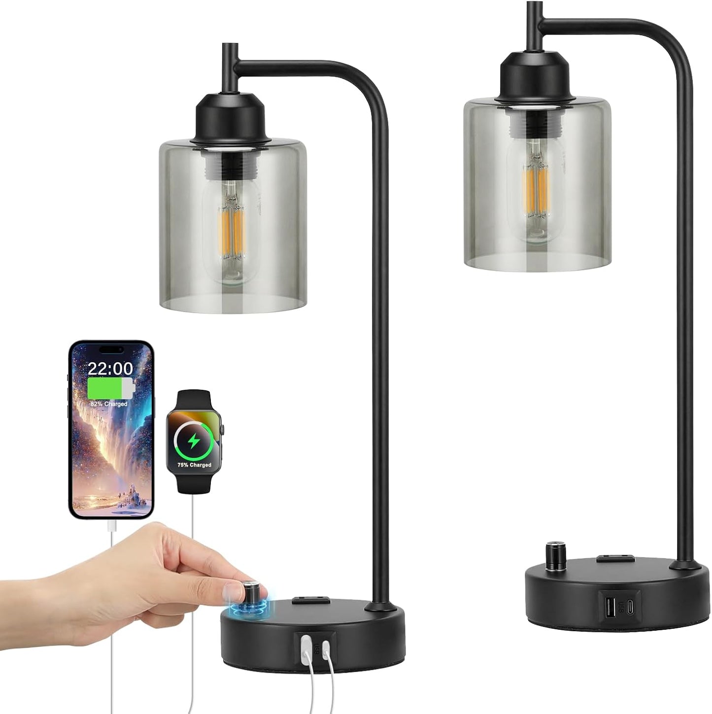 Industrial Table Lamps for Bedrooms Set of 2 - Fully Dimmable Bedside Lamps with USB A and C Ports and Outlet, Black Nightstand Lamps with Glass Shade for Living Room, Desk Lamps for Office Reading