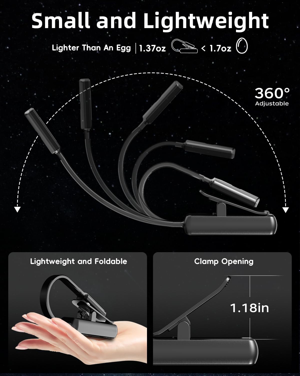 Book Light,Reading Lights for Books in Bed,AAA Battery Clip-On Led Reading Light with 3 Colors & Stepless Dimming,Portable and Ultra-Lightweight with Long Runtime(DarkBlack)
