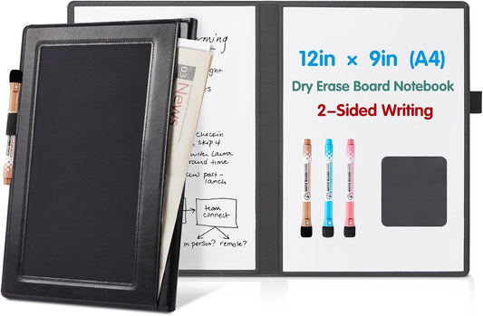 CoBak 6 Sides Portable White Board 12x9 inch (A4) - Notebook Design Dry Erase Small Board with Pocket and 3 Markers, Anti-Ghosting Surface for Office, School, Homeschool with Gift Box (Brown)