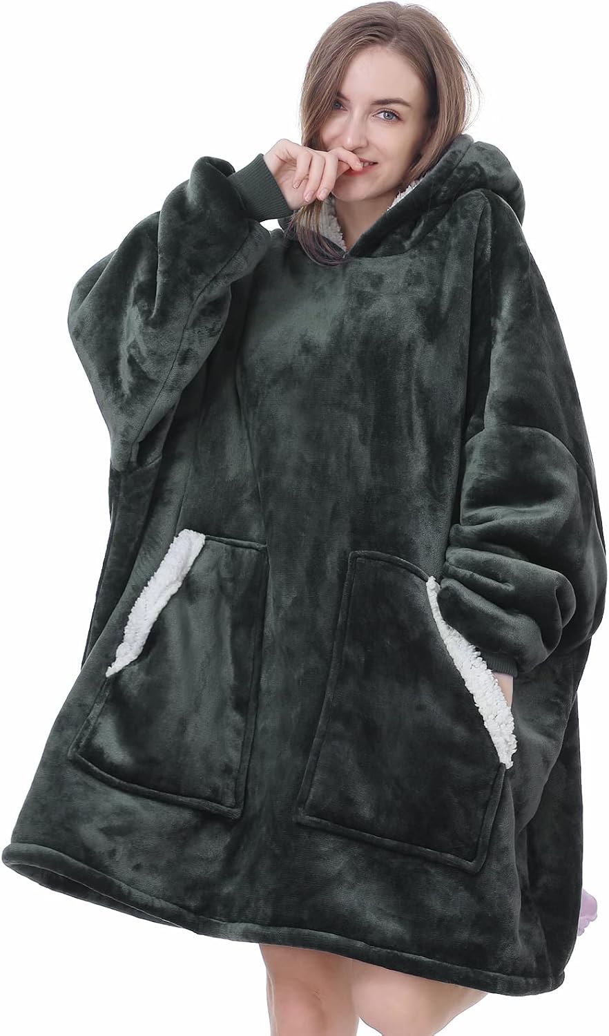 Kipswiza Wearable Blanket Hoodie Gifts for Women and Men, Oversized Cozy Warm Flannel Sherpa Hooded Blankets Sweatshirt with Giant Pockets for Adult and Teens, Dark Gray