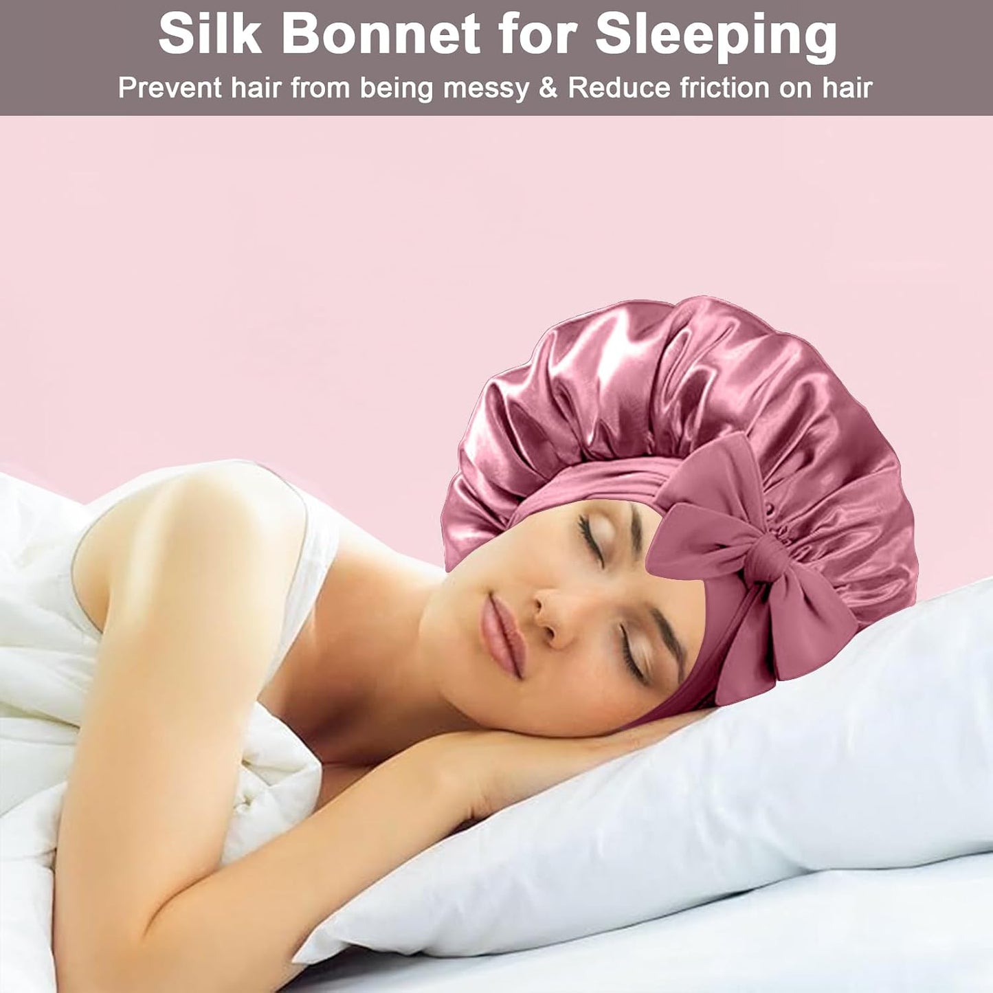 2Pcs Silk Hair Satin Bonnet for Sleeping Women,Large Satin Sleep Bonnets for Women with Elastic Tie Band Silk Hair Wrap with Ajustable Straps,Night Sleep Cap for Curly Braids,Black+Rose Gold