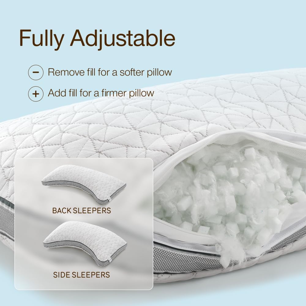 Coop Home Goods Cool+ Adjustable Pillow, Queen Size Plus Shaped Memory Foam Pillows with Cooling Gel, Back, Stomach or Side Sleeper, Neck Support for Sleeping, CertiPUR-US/GREENGUARD Gold