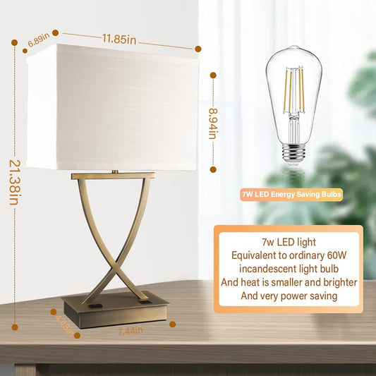 OYedis Fully Dimmable Medium Table Lamp for Bedroom with Type C/USB Charging Port and 1 AC Outlet White Shade 21.38" Bedside Nightstand Lamp for Living Room Office and Hotel Bulb Included