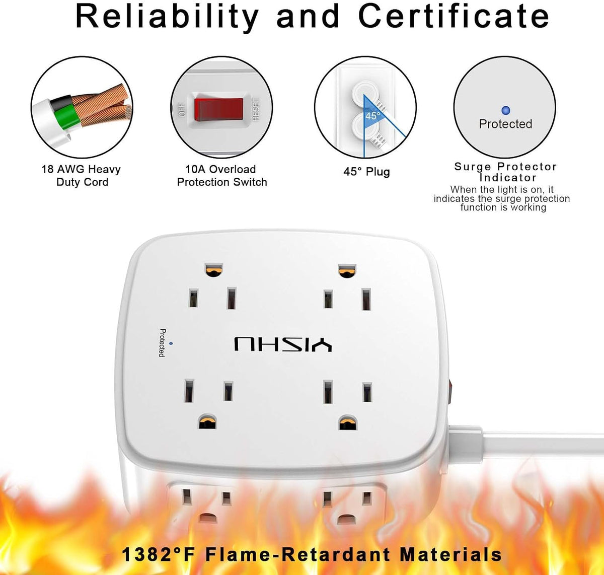 YISHU 6Ft Surge Protector Power Strip with 8 Widely Outlets & 4 USB Ports