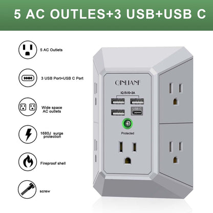 Wall Charger, Surge Protector, QINLIANF 5 Outlet Extender with 4 USB Ports