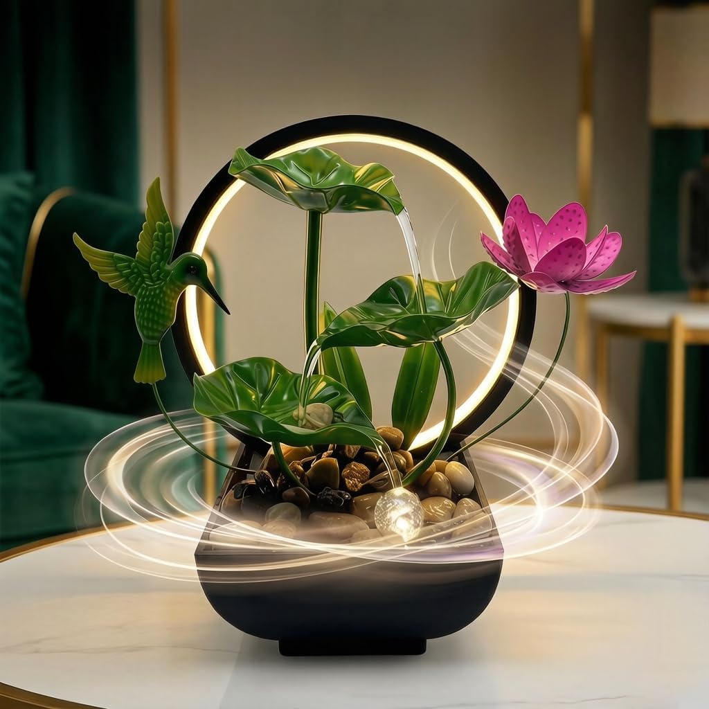 Tabletop Fountain,Indoor Water Fountain,Home Fengshui Décor Zen Relaxation Soothing Sound Machine for Office,Living Room,or Bedroom,Green Lotus,Hummingbird & Pink Flower,9.1inch