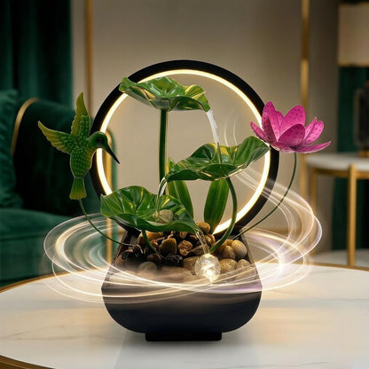 Tabletop Fountain,Indoor Water Fountain,Home Fengshui Décor Zen Relaxation Soothing Sound Machine for Office,Living Room,or Bedroom,Green Lotus,Hummingbird & Pink Flower,9.1inch