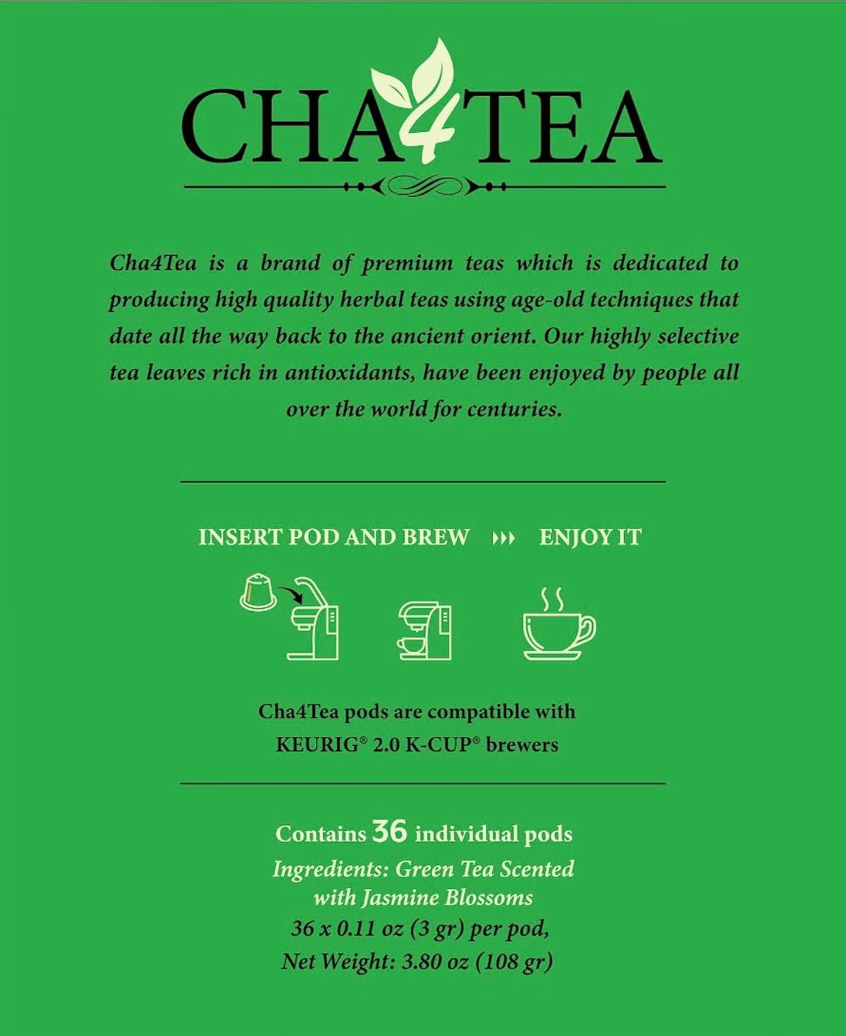 Cha4TEA 36-Count Jasmine Green Tea Pod Compatible with Keurig K-Cup Brewers