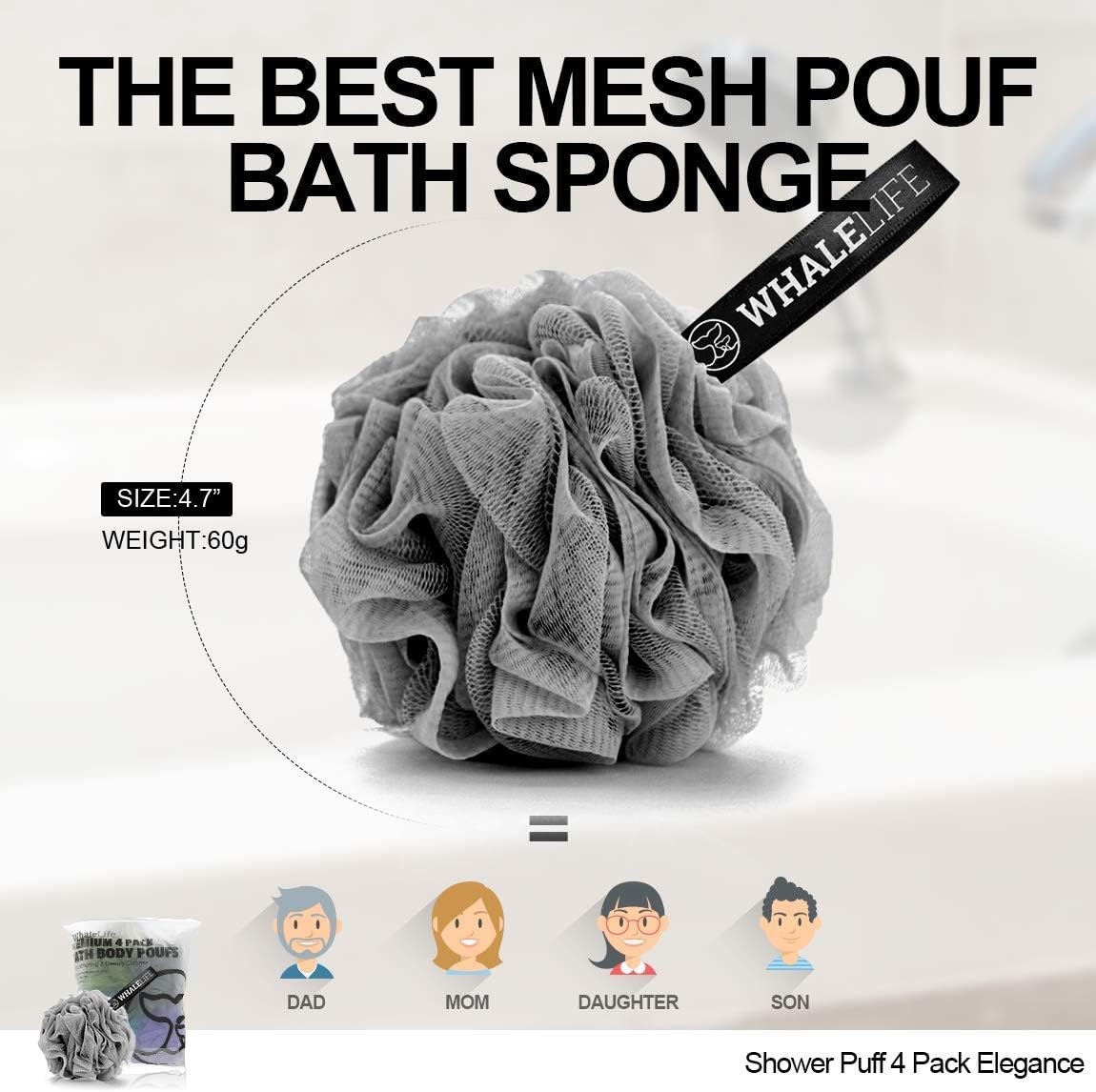 WhaleLife Loofah Bath Sponges - Black Gentle Exfoliating Shower Loofah for Rich Lather, Durable Mesh Body Scrubber for Men & Women 4 Pack