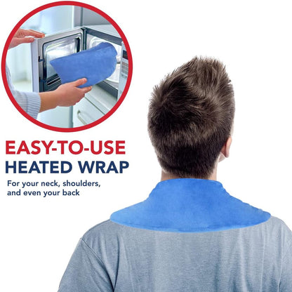 Doctor Developed Heated Neck Wrap - Weighted Heating Pad with Natural Flax Seeds - Cordless Microwavable Heating Pad for Neck & Shoulders - Soft Plush Relief (Blue)
