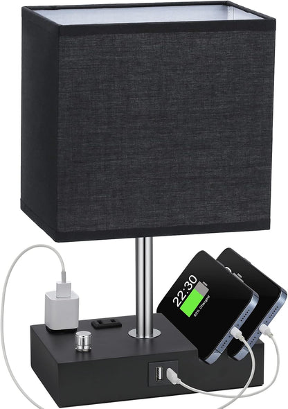 Kakanuo Fully Dimmable Nightstand Lamp for Bedroom with USB C Ports, Grey Small Bedside Table Lamp with Charging Outlets and Phone Stands, Wooden Desk Lamp for Living Room, LED Bulb Included