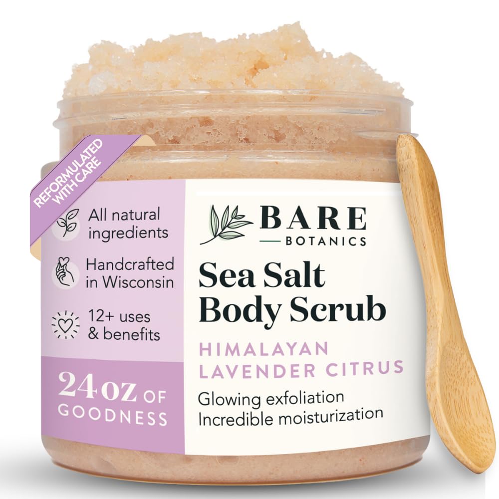 Bare Botanics Coconut Vanilla Body Scrub 24oz | Made in Madison, WI | All Natural Sea Salt Exfoliator w/ Skin Loving Moisturizers | Vegan & Cruelty Free | Gift Ready Packaging w/ a Cute Wooden Spoon