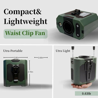 BTQILEYO Portable Waist Fan Clip On, 10000mAh Rechargeable Wearable Shirt Fan with Light, 16000RPM Powerful 5 Speed Belt Fans Personal Cooling Fans for Outdoor Jobsite Camping Travel MAX 40H