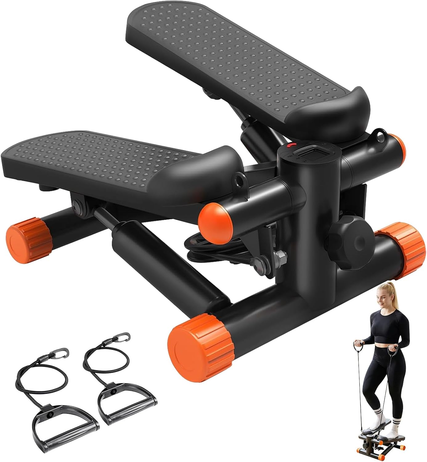 Mini Stair Steppers with Resistance Bands for Exercise at Home, Portable Exercise Twist Stepper Machine for Full Body Workout, Hydraulic Fitness Stepper with LCD Monitor, Black