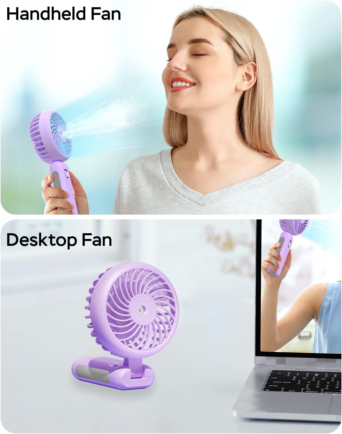 Portable Handheld Misting Fan, USB Rechargeable, Foldable with Water Tank, 3 Speeds, for Travel and Outdoors (purple)