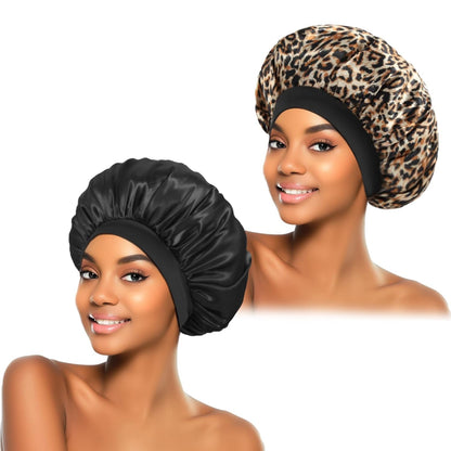 ZHENSILK 2Pcs Silk Bonnet for Sleeping, Satin Hair Bonnets, Soft Elastic Band Silk Sleep Cap, Hair Wrap for Women (Black Gold)
