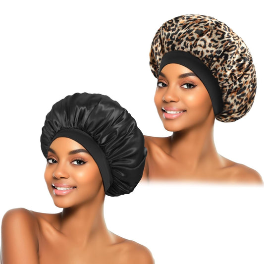 ZHENSILK 2Pcs Silk Bonnet for Sleeping, Satin Hair Bonnets, Soft Elastic Band Silk Sleep Cap, Hair Wrap for Women (Black Gold)
