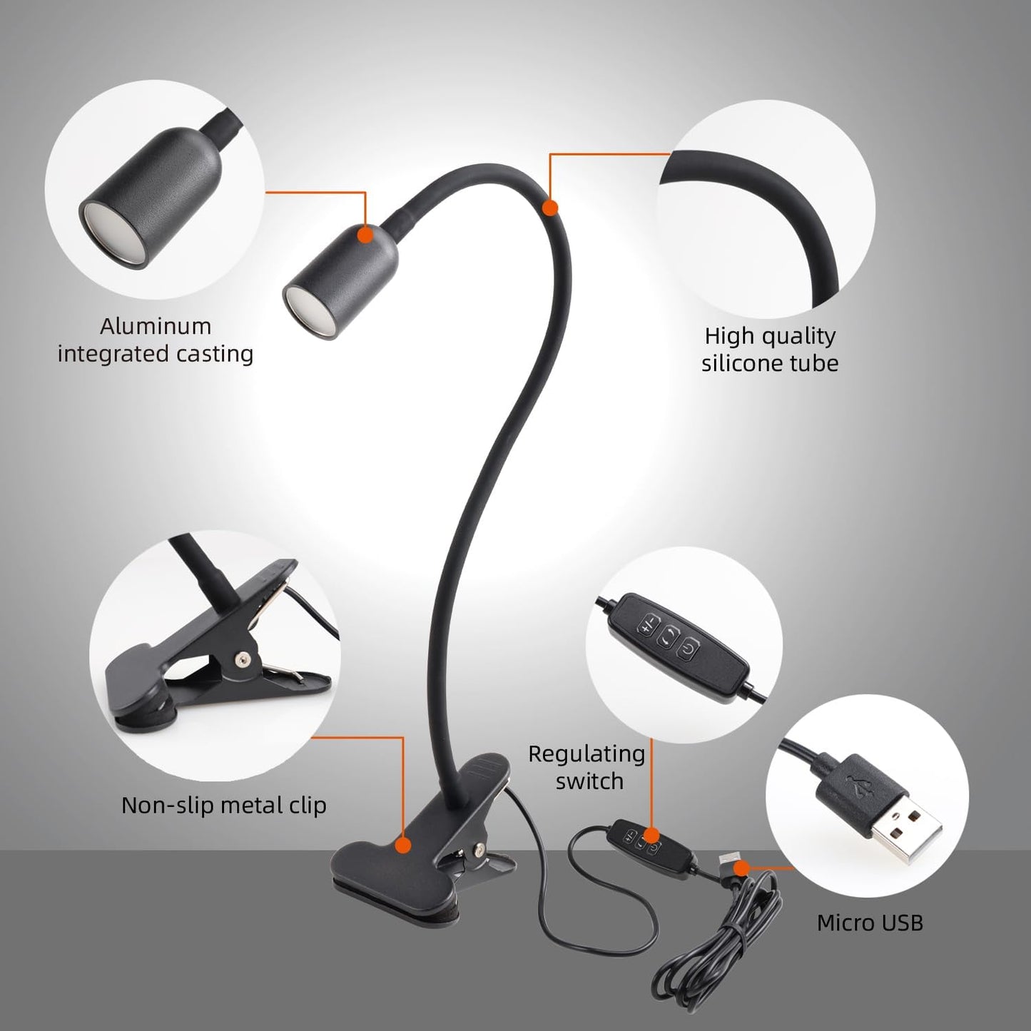 DAMI LED Reading Light for Bed Headboard – Dimmable Clip-On Book Light with Flexible Gooseneck, Adjustable Color Temperature (3000/4000/6000K), USB-Powered Desk Lamp for Dorms and Home