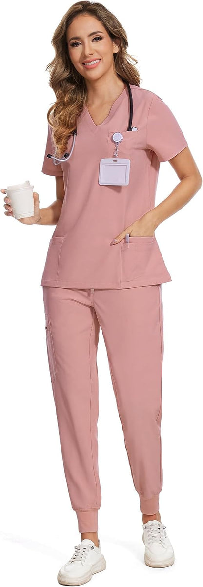 COZYFIT Scrubs for Women Set - Stretch V-Neck Scrub Top & Jogger Pant with 8 Pockets COZY SCRUBS - Colors B