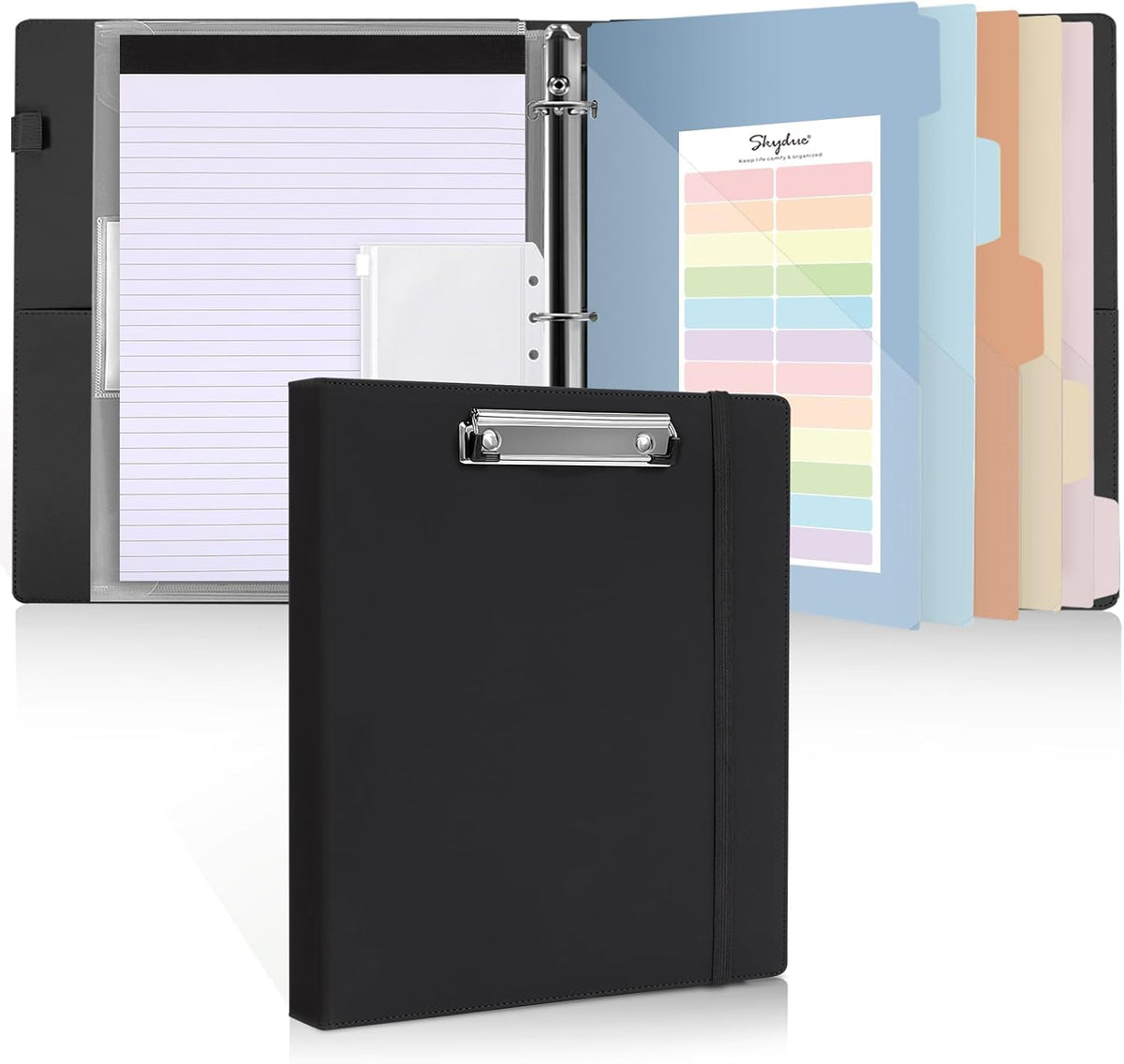 SKYDUE 3 Ring Binder with Clipboard, 13.2" × 10.2" Faux Leather 1 Inch Binder Organizer with 5 Pocket Dividers, Notepad, Labels & 2 Storage Pockets for Teachers, Students, Nurses & Office Work