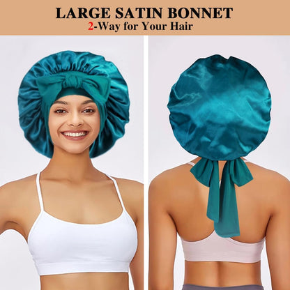 2+3 Large Satin Bonnets with Scrunchies for Women, Hair Bonnet Sleeping Tie Bonnet for Braids Curly Hair