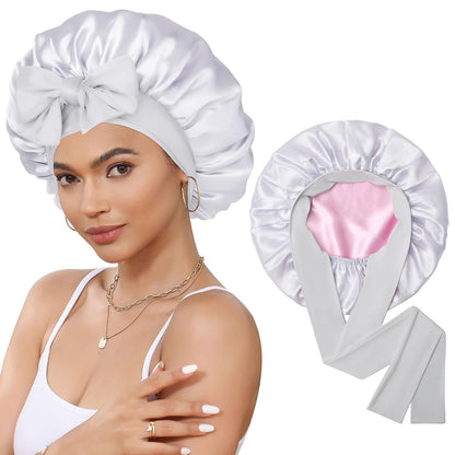Satin Bonnet for Sleeping Cap Double Layer Hair Bonnet with Elastic Tie Band for Curly Hair Night Cap (Bean Paste + Pink)