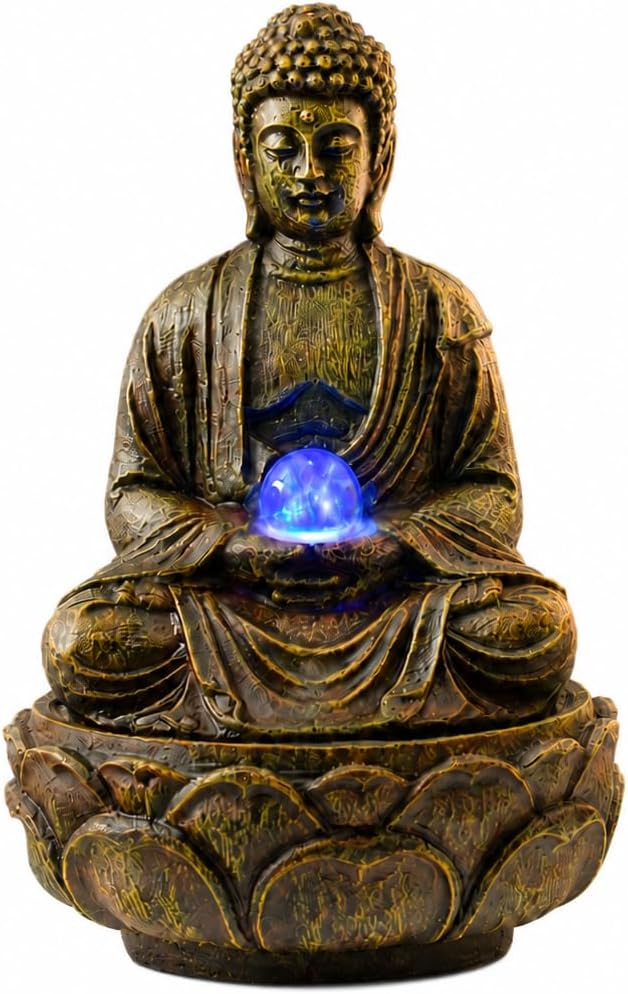 Indoor Tabletop Water Fountain with LED Light, Resin Rock-Look Waterfall Decor, Feng Shui Inspired Zen Fountain for Desk, Office, Bedroom, Living Room & Meditation Space (9" Cascading Rock)