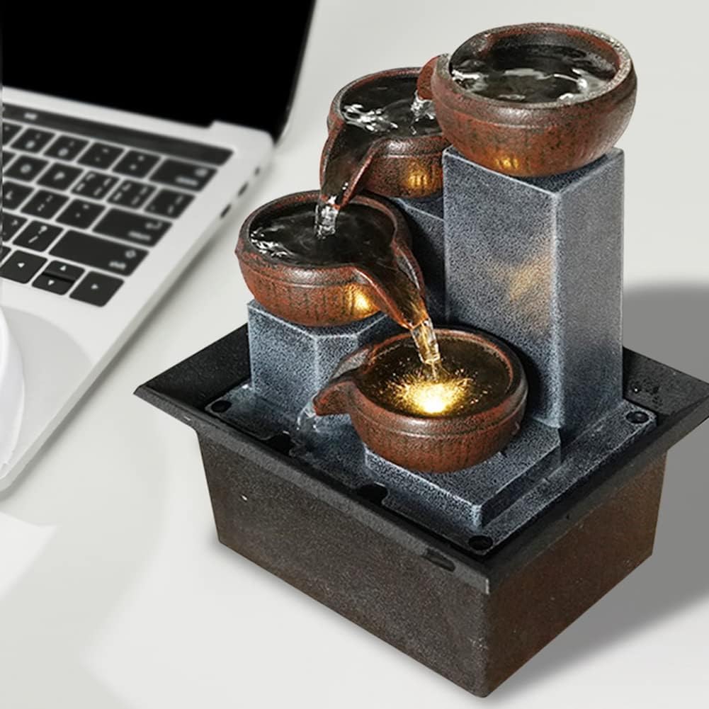 Indoor Desktop Fountain 4-Tier Desktop Fountain with Warm LED Lights & 3-Speed Adjustable Pump - Ideal for Bedrooms, Offices & Home Décor