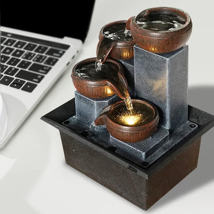 Indoor Desktop Fountain 4-Tier Desktop Fountain with Warm LED Lights & 3-Speed Adjustable Pump - Ideal for Bedrooms, Offices & Home Décor