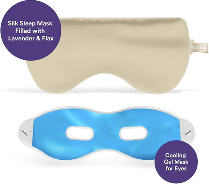 ASUTRA Silk Eye Pillow for Sleep, Black - Filled w/Lavender Buds & Flax Seeds, Weighted Eye Mask, Meditation & Light Blocking Blindfold, Cooling Gel Mask Included