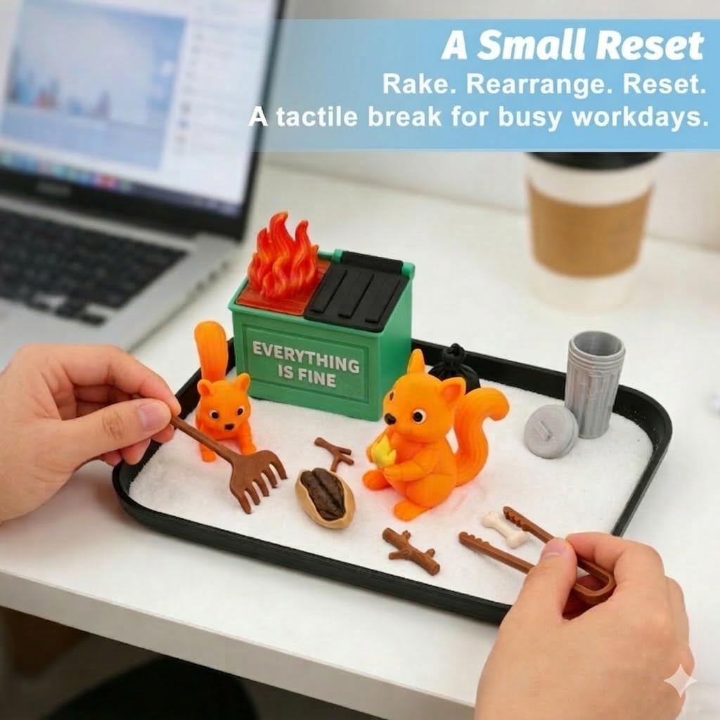 Funny Dumpster Fire Zen Sand Garden Kit, Desk Decor Toy with Mini Rake Tray, Stress Relief Accessory, Office Humor Gift Idea, White Elephant Present, Coworker Novelty Decoration