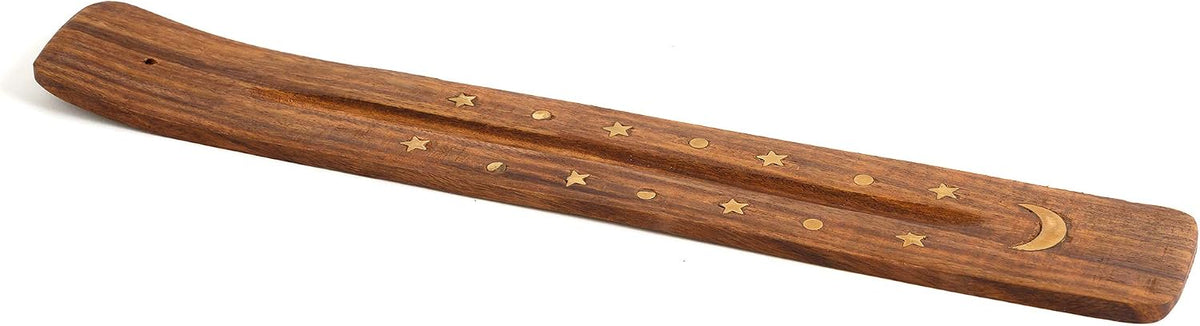 Wooden Incense Holder for Sticks with Inlays of Brass Crescent Moon 10 inches Long