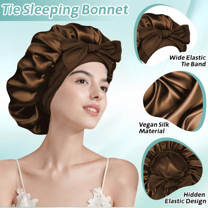 VECIIR Silk Bonnet for Sleeping Women, Ajustable Hair Bonnet for Curly Hairs Satin Bonnet Reduce Friction Prevent Frizz Black，Large
