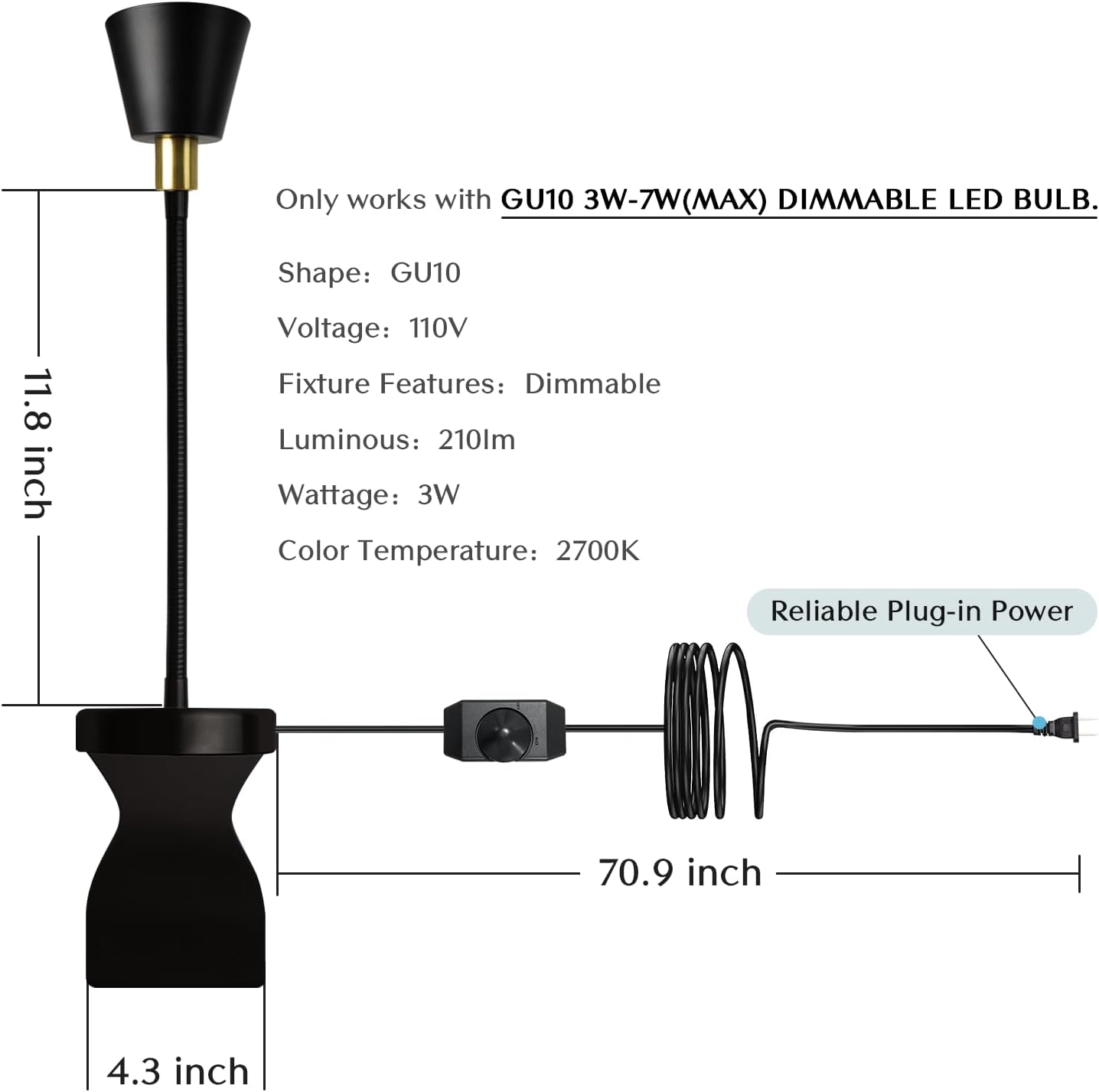 Solfres Patented Innovative Design Headboard Reading Light. No Drilling Golden Book Light for Bedtime Reading. Dimmable LED Book Reading Lamp with Bulb. Movable & Flexible, Black