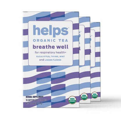HELPS TEAS | Helps Breathe Well Tea | Organic herbal blend of Eucalyptus, Thyme, Tila and Mint that clear your sinuses and strengthening your inmune system | 16 Tea Bags - Pack of 3 |